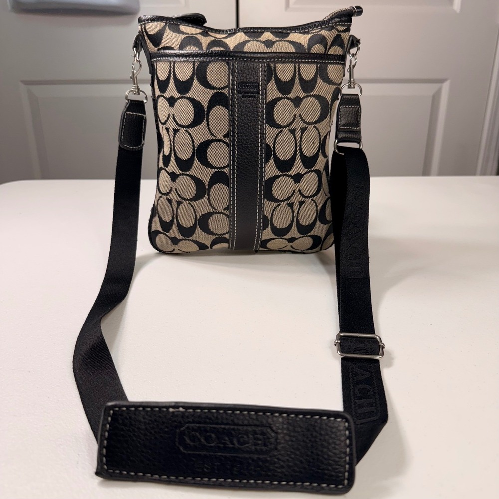 Coach Signature Monogram File Bag Crossbody Black Gray Canvas Leather Small